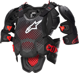 Alpine Star A-10 V2 full chest protector in anthracite, black, and red, size medium/large, with padded armor and adjustable straps.