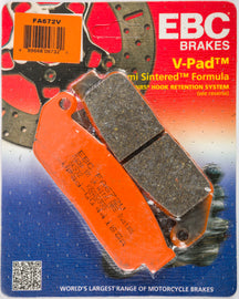 EBC Motorcycle Brakes Fa672v semi-sintered V Series brake pads installed on motorcycle wheel, showcasing braking surface and design.