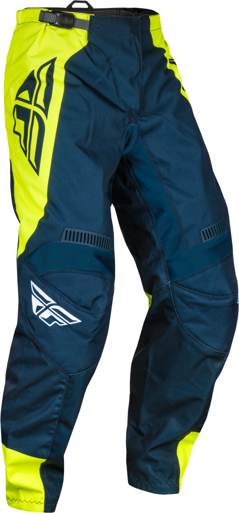 Fly Racing F-16 motocross pants in navy, hi-vis, and white, size 30, featuring durable fabric and safety details.