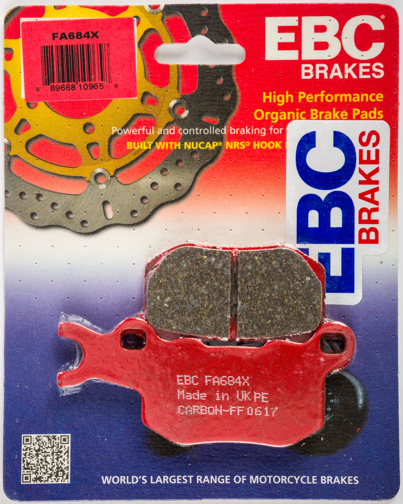 EBC Motorcycle Brakes Carbon X Series brake pads Fa684x for motorcycles, shown in black with metal backing plates.
