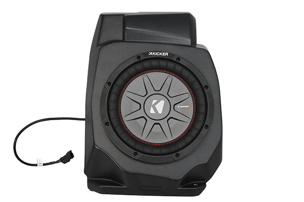 SSV Works 10-inch kicker subwoofer with under dash enclosure and amplifier, designed for audio enhancement in vehicles.