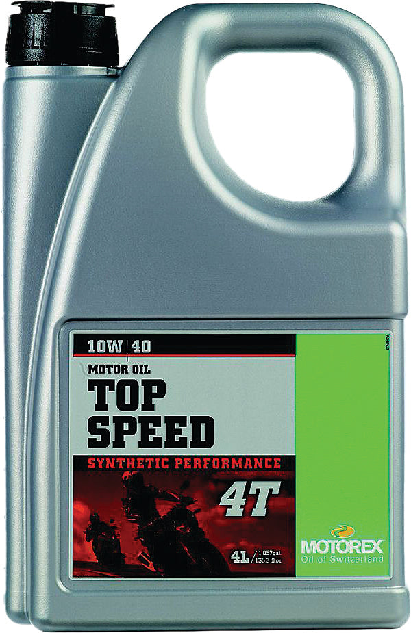 Motorex Top Speed 10W40 4L motor oil for 4-stroke engines, shown in a 4-liter container with label details