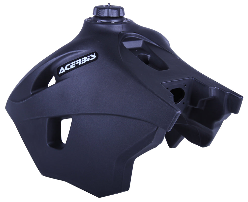Acerbis black 4.1-gallon fuel tank with Acerbis logo, designed for motorcycle or dirt bike, shown with secure mounting points.