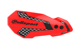 Red and black Polisport Plastics MX Flow handguards mounted on a Honda CRF250 motorcycle, showcasing protective gear for motocross.