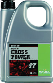 Motorex Cross Power Motor Oil 10w50 4T 4L bottle, chemical product for motorcycle engine lubrication, in a case of four bottles