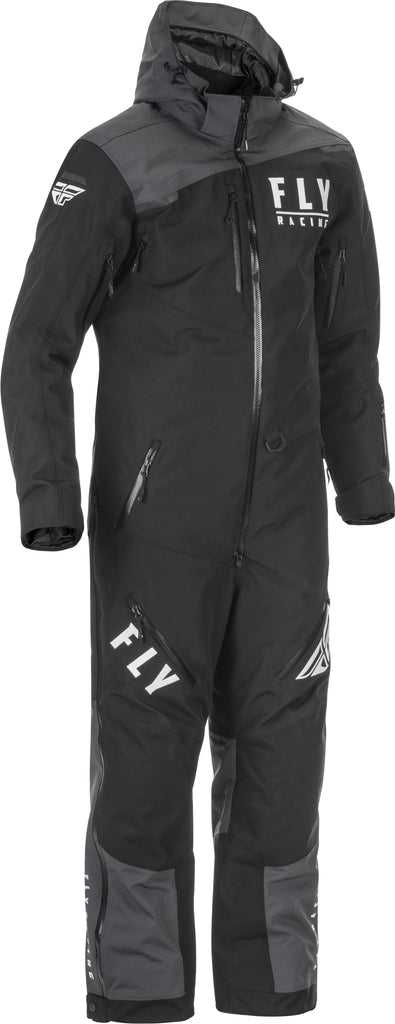 Fly Racing Cobalt Monosuit insulated in black and grey, shown on a rider, designed for durability and warmth in extreme conditions.