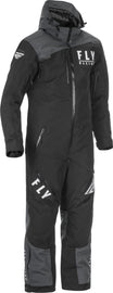 Fly Racing Cobalt Monosuit insulated in black and grey, shown on a rider, designed for durability and warmth in extreme conditions.