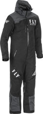 Fly Racing Cobalt Monosuit insulated in black and grey, shown on a rider, designed for durability and warmth in extreme conditions.
