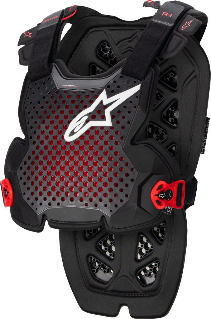 Alpine Star A-1 Chest Protector in anthracite, black, and red, XL/2X size, showing padded protective design for motorcycling.