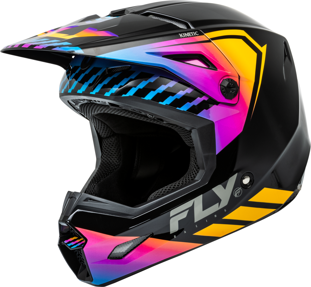 Fly Racing Kinetic Menace helmet in black and sunrise colors, size large, with adjustable straps and ventilation.