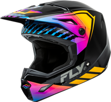 Load image into Gallery viewer, Fly Racing Kinetic Menace helmet in black and sunrise colors, size large, with adjustable straps and ventilation.