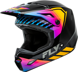 Fly Racing Kinetic Menace helmet in black and sunrise colors, size large, with adjustable straps and ventilation.