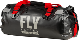 Fly Racing Roamer 40L dry bag in black, durable waterproof luggage with roll-top closure for outdoor adventures.