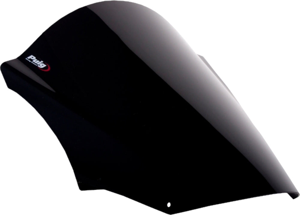 Black PUIG racing windscreen for motorcycle, showcasing the sleek, aerodynamic design and mounting edges.