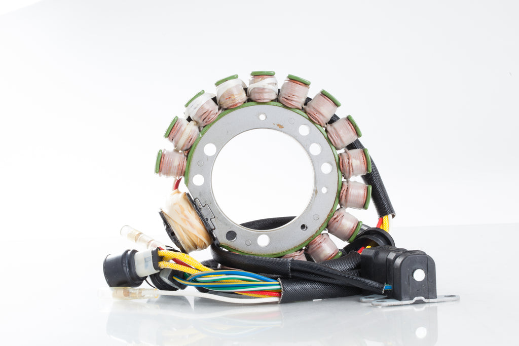Ricks Motorsport Electric stator for motorcycle, showing the electrical component with copper wiring and mounting points.