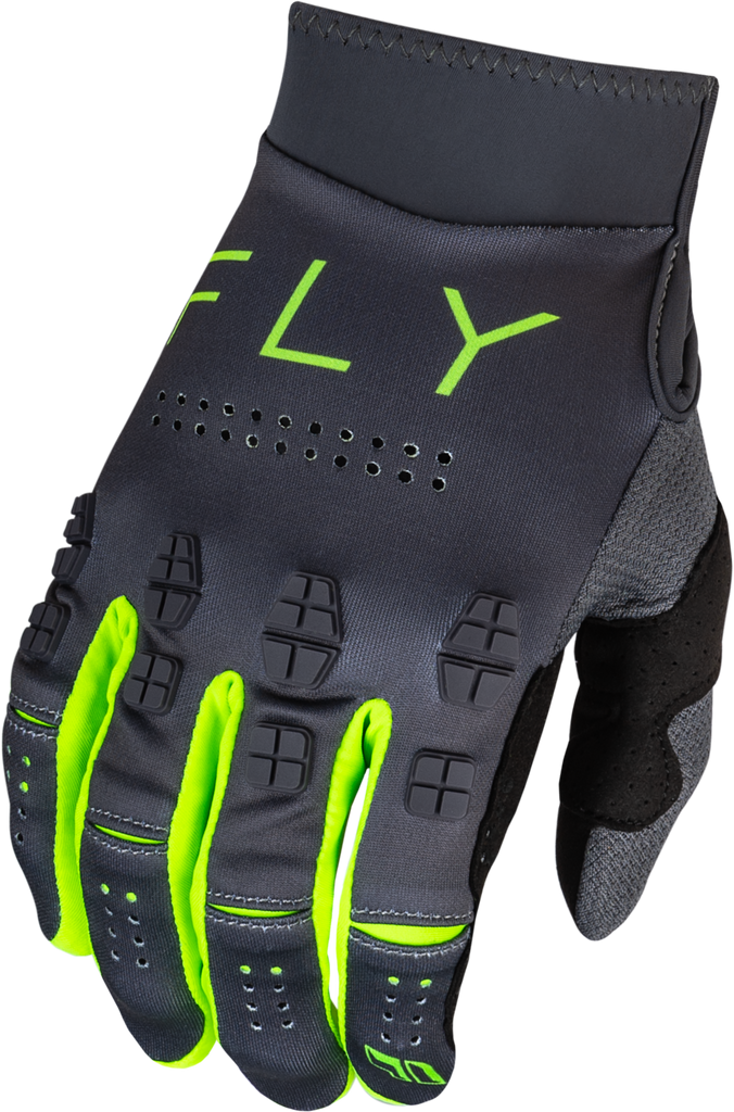 Fly Racing Evolution DST Gloves in charcoal and neon green, size large, featuring padded palms and breathable fabric for motocross riding.