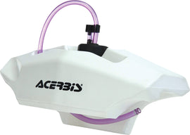Acerbis auxiliary handbar fuel tank with 0.6-gallon capacity, shown mounted on a motorcycle handlebar, black plastic construction.