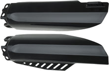 Load image into Gallery viewer, Acerbis black fork guard for motorcycle suspension, body protection with brand logo visible on the black plastic part.