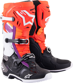 Alpine Star Tech 10 motorcycle boots in black with fluorescent red, orange, and white accents, size 14, showcasing the sturdy design and branding.