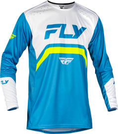 Fly Racing Rayce bicycle jersey in blue, white, and lime green with breathable fabric and vibrant design, perfect for cycling.