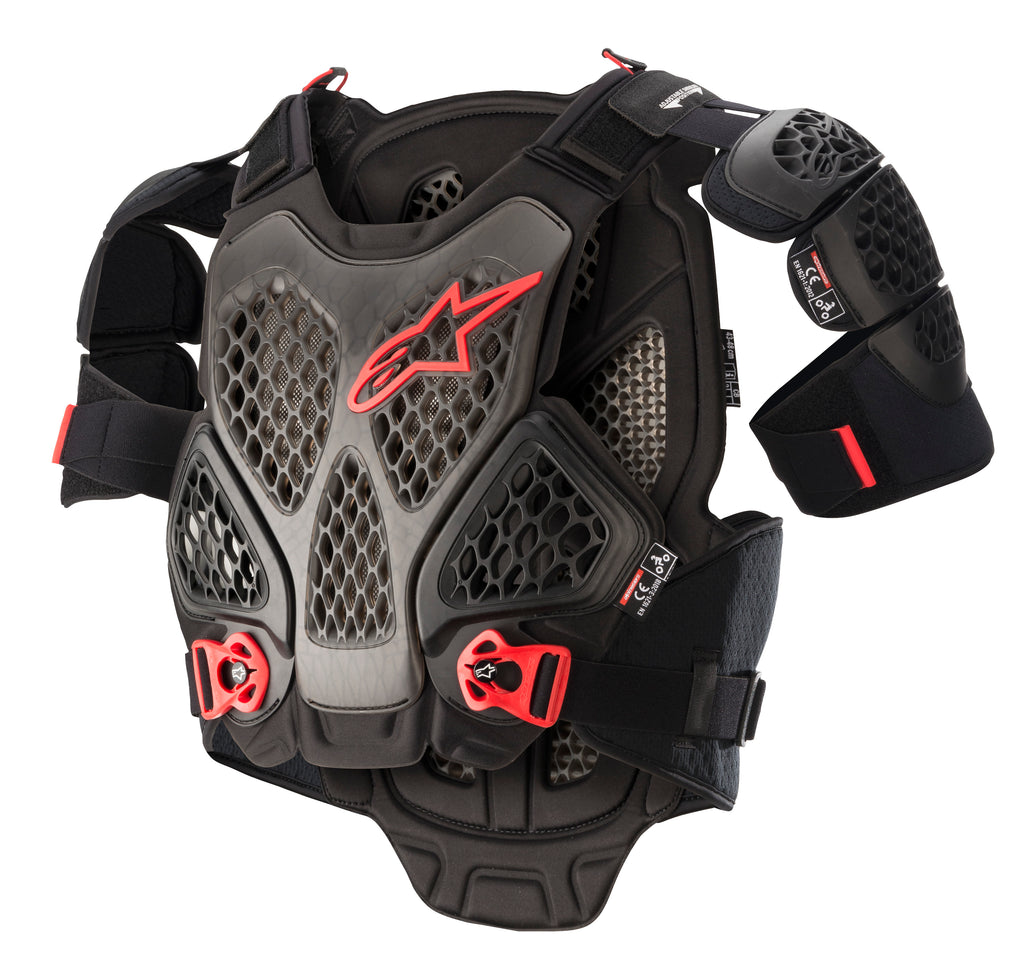 Alpine Star A-6 Chest Protector in black and anthracite, XS/S size, with protective padding and adjustable straps.