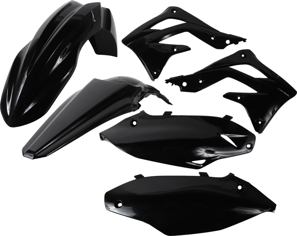Acerbis black plastic kit with various motorcycle body panels and parts, laid out on a flat surface.