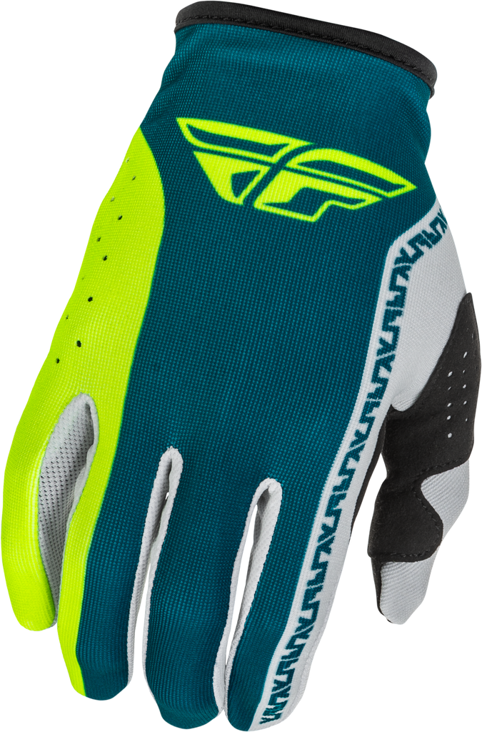 Fly Racing Lite Gloves in grey, lime, and teal with padded palms and breathable fabric for motocross or biking.