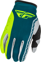 Load image into Gallery viewer, Fly Racing Lite Gloves in grey, lime, and teal with padded palms and breathable fabric for motocross or biking.