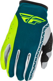 Fly Racing Lite gloves in grey, lime, and teal with textured palm and adjustable wrist strap, XS size.