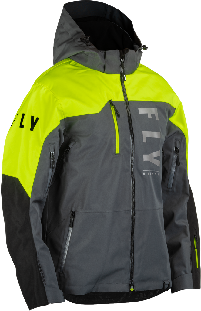 Fly Racing Carbon Jacket in black, grey, and hi-vis colors, featuring a sleek design and lightweight construction.