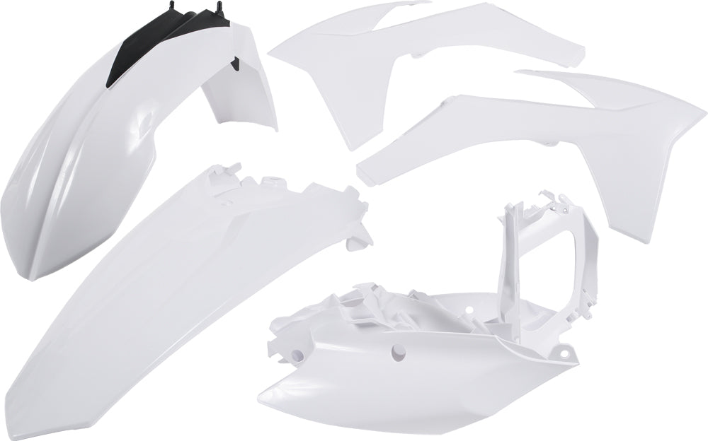 Acerbis white plastic kit with various panels and components for motorcycle or off-road vehicle repair and customization.