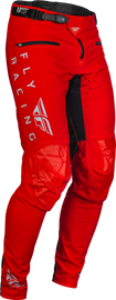 Fly Racing Radium bicycle pants in red, black, and grey, size 38, featuring durable fabric and ergonomic design for cycling comfort.