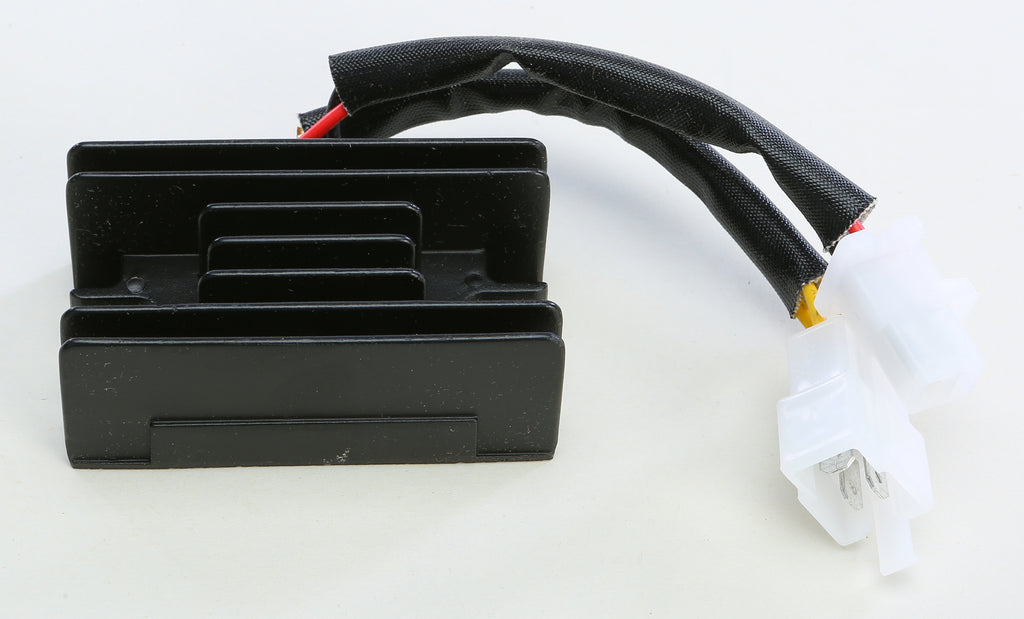 Ricks Motorsport Electric regulator and rectifier for motorcycle electrical systems, showing metallic components and wiring connections.