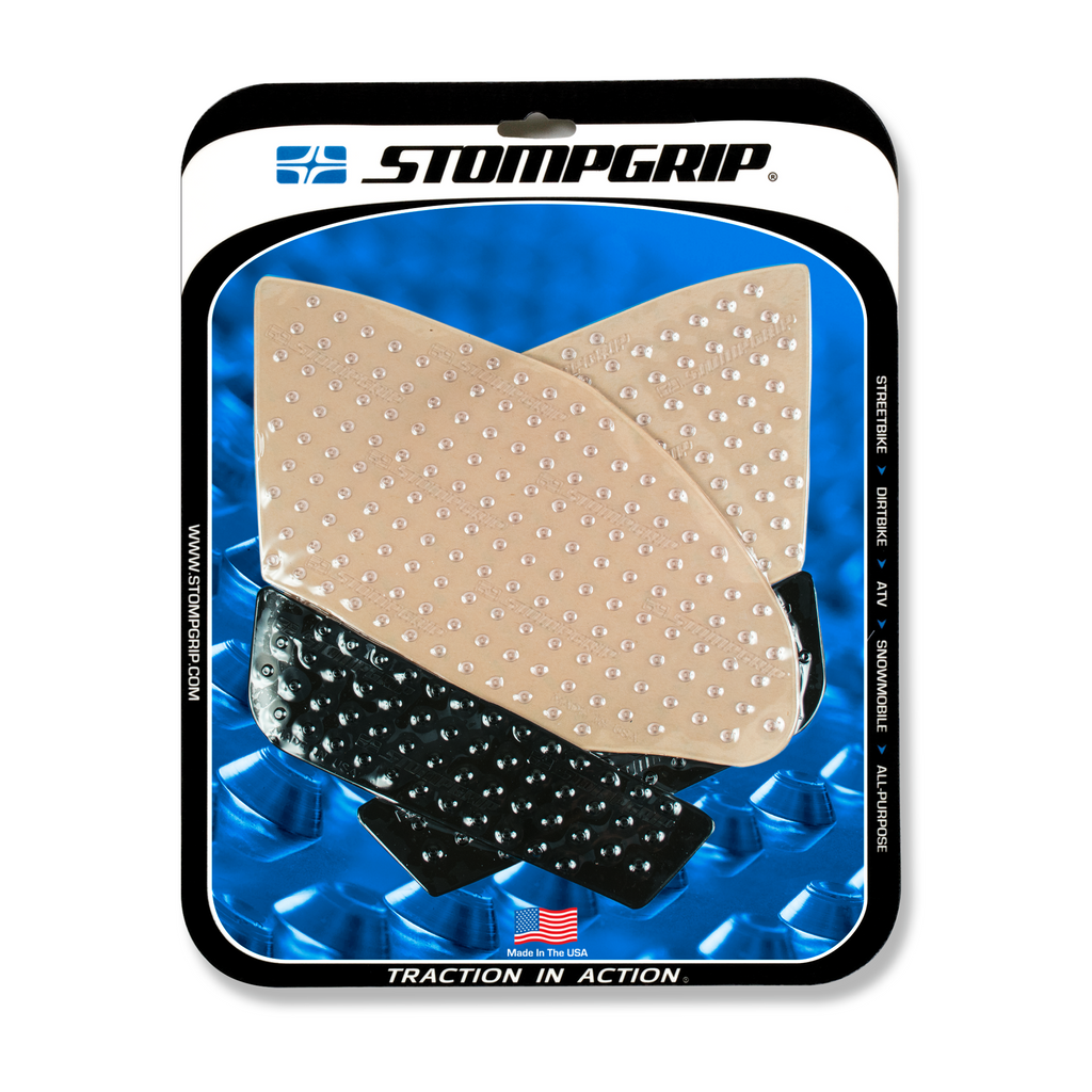 Stompgrip Tank Pad Kit Volcano in clear and black for motorcycle protection, featuring textured surface and adhesive backing.