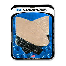 Load image into Gallery viewer, Stompgrip Tank Pad Kit Volcano in clear and black for motorcycle protection, featuring textured surface and adhesive backing.