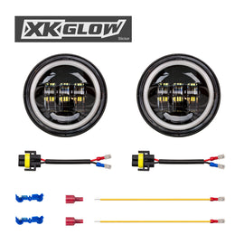 Amber halo LED lights by XK Glow, 4.5-inch black housing with clear lenses, designed for vehicle lighting upgrades.