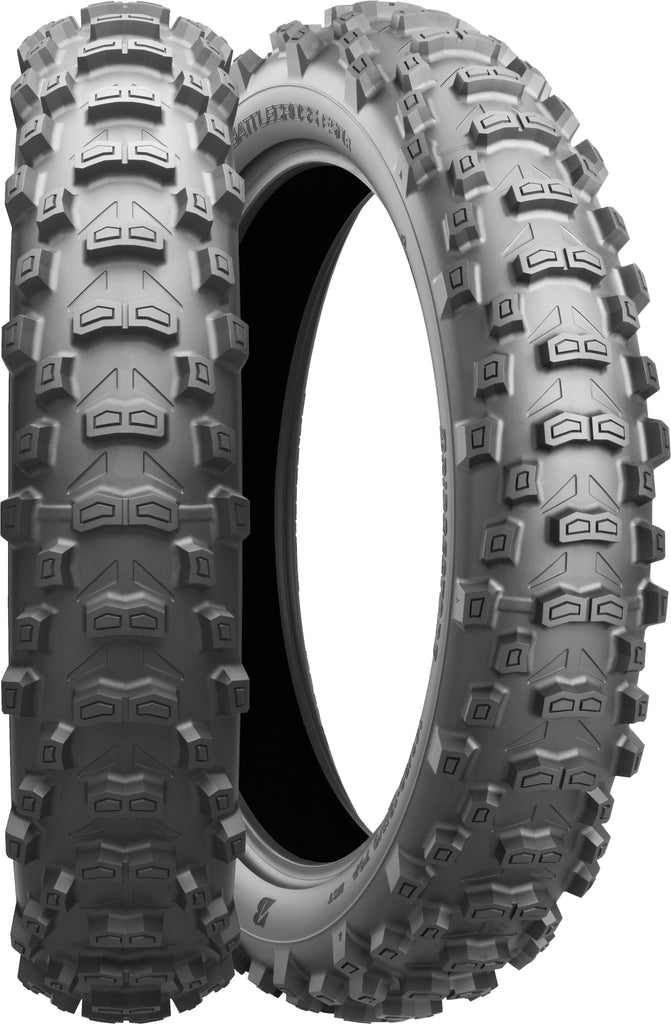 Bridgestone Battlecross E50 rear motorcycle tire, 120/90-18 bias TT, featuring tread pattern and sidewall details.