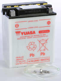 Yuasa YB14L-A2 conventional 12V motorcycle battery with positive and negative terminals visible