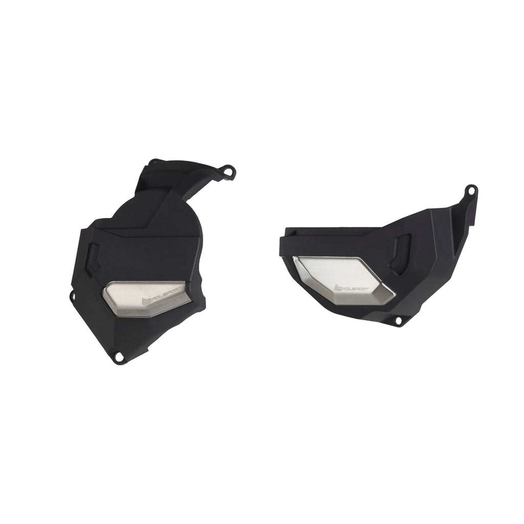 Polisport Plastics clutch and alternator cover kit for Honda, showing the black body covers with mounting hardware.