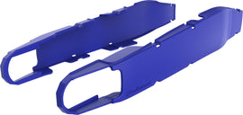 Polisport Plastics blue swingarm protectors for motorcycles, shown mounted on a bike's swingarm in the image.