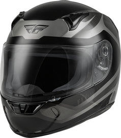 Fly Racing Revolt Rush helmet in grey and black, showcasing its aerodynamic design and ventilation features.