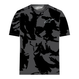 Alpine Star Camo Performance Short Sleeve Tee in black and camo, size large, featuring a casual fit with logo details.