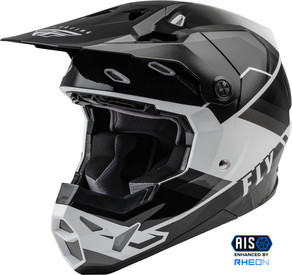 Fly Racing Formula Cp Rush helmet in grey, black, and white, size medium, with aerodynamic helmet design and ventilation features.