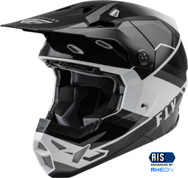 Fly Racing Formula Cp Rush helmet in grey, black, and white, size medium, with aerodynamic helmet design and ventilation features.