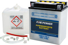Load image into Gallery viewer, Fire Power 12V automotive battery with acid, model 12N11-3A-1, featuring terminals and battery case in a detailed view.