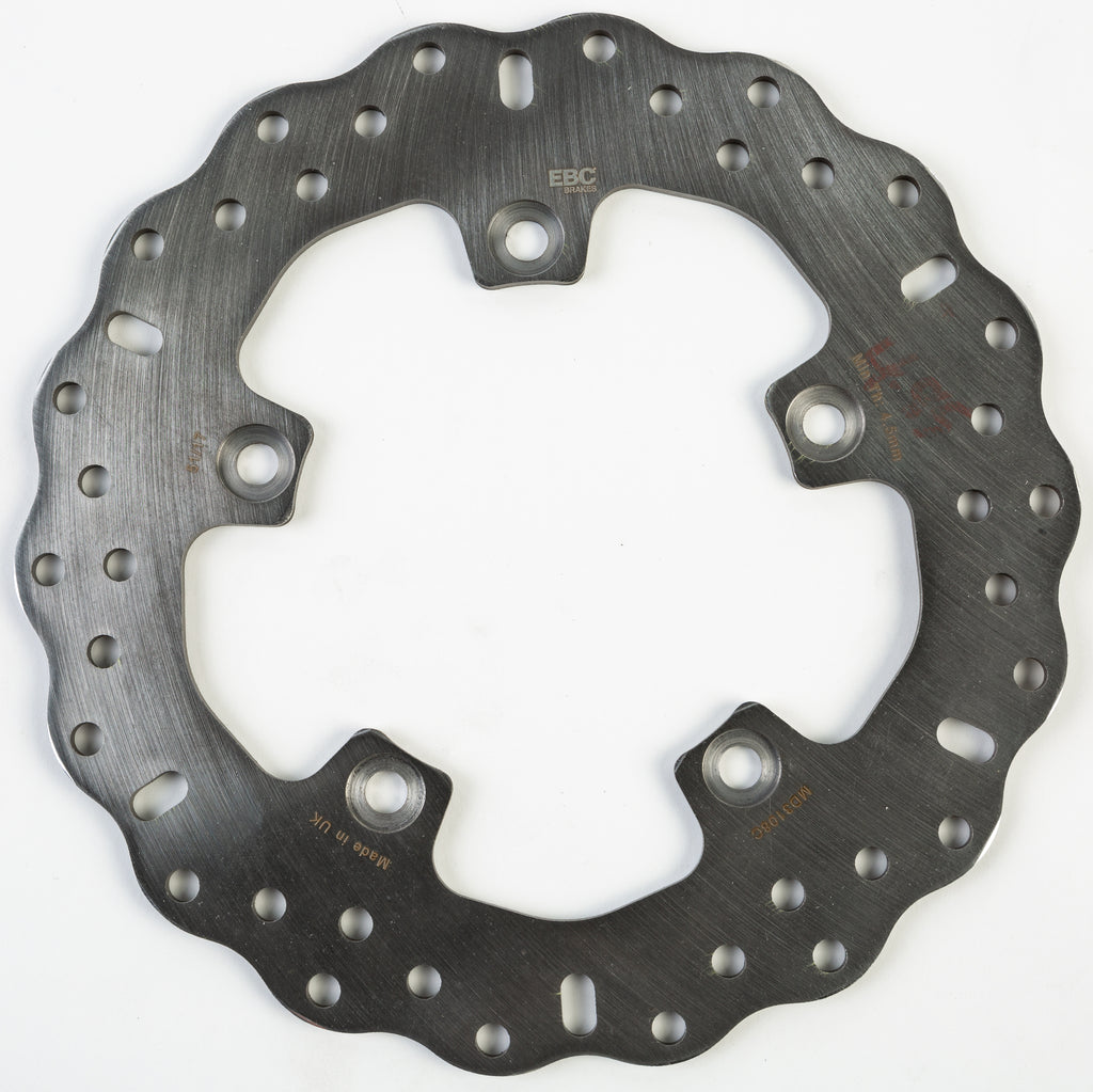 EBC Motorcycle Brakes Contour Street Rotor 155-3108C showing the black metal brake disc with vented design and mounting holes.