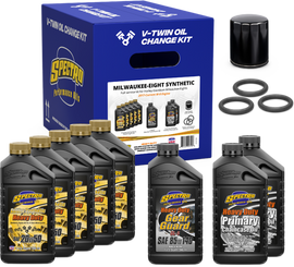 Spectro V-Twin Full Oil Service Kit for M8 motorcycles, includes synthetic oil and maintenance components.
