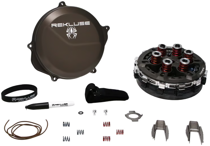 Rekluse Radiuscx 4.0 clutch hon with visible clutch components and brand markings, showcasing the high-performance motorcycle clutch system.