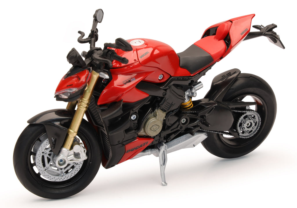 Red Ducati Street Fighter V4 1:12 scale naked bike model by New Ray Toys, detailed motorcycle accessories for collectors.