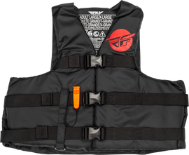 Fly Racing nylon flotation vest in black and red, size large/x-large, with adjustable straps and safety features for water activities.